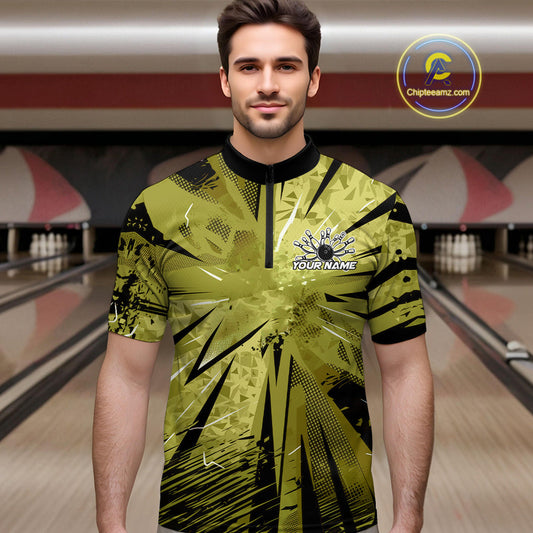 Custom Military Green Camouflage Bowling Team Quarter-Zip Shirts For Men, Bowling League Shirt IPHW9384