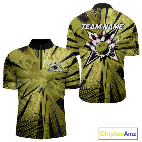 Custom Military Green Camouflage Bowling Team Quarter-Zip Shirts For Men, Bowling League Shirt IPHW9384