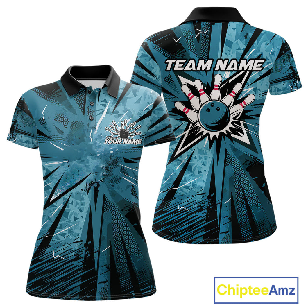 Custom Blue Camouflage Bowling Team Polo Shirts For Women, Bowling League Shirt IPHW9385