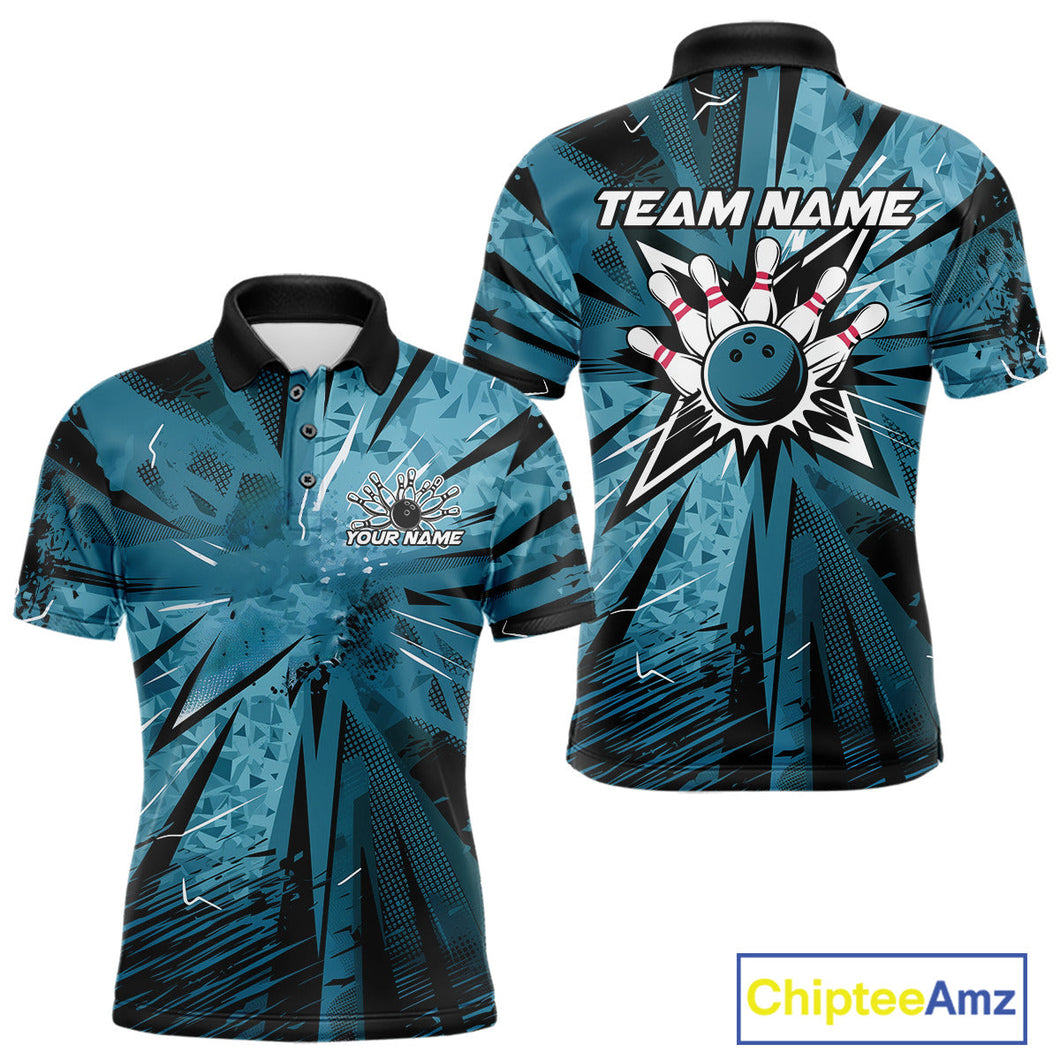 Custom Blue Camouflage Bowling Team Polo Shirts For Men, Bowling League Shirt IPHW9385