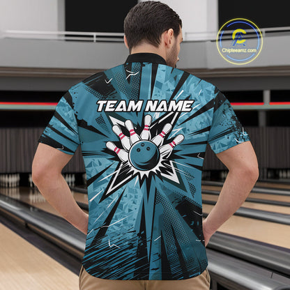 Custom Blue Camouflage Bowling Team Quarter-Zip Shirts For Men, Bowling League Shirt IPHW9385
