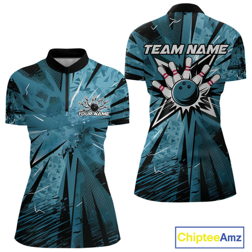 Custom Blue Camouflage Bowling Team Women Quarter-Zip Shirts, Bowling League Shirt IPHW9385