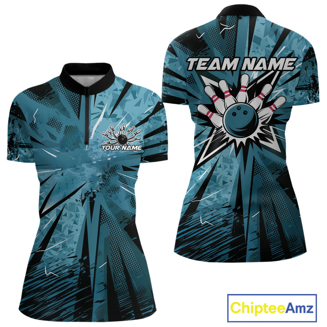 Custom Blue Camouflage Bowling Team Women Quarter-Zip Shirts, Bowling League Shirt IPHW9385