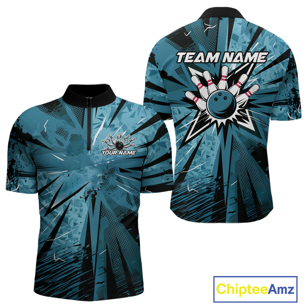 Custom Blue Camouflage Bowling Team Quarter-Zip Shirts For Men, Bowling League Shirt IPHW9385
