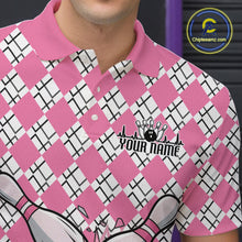 Load image into Gallery viewer, Custom Pink Argyle Pattern Funny Breast Cancer Fighter Bowling Polo Shirts For Men IPHW9396