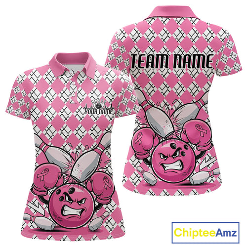 Custom Pink Argyle Pattern Funny Breast Cancer Fighter Bowling Polo Shirts For Women IPHW9396