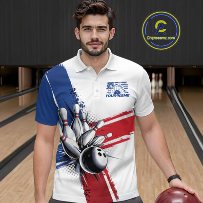 Personalized Red, White And Blue Patriotic US Flag Bowling Polo Shirts For Men Team IPHW9543