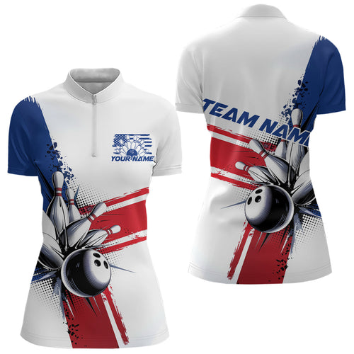 Personalized Red, White And Blue Patriotic US Flag Bowling Women Quarter-Zip Shirt Team IPHW9543