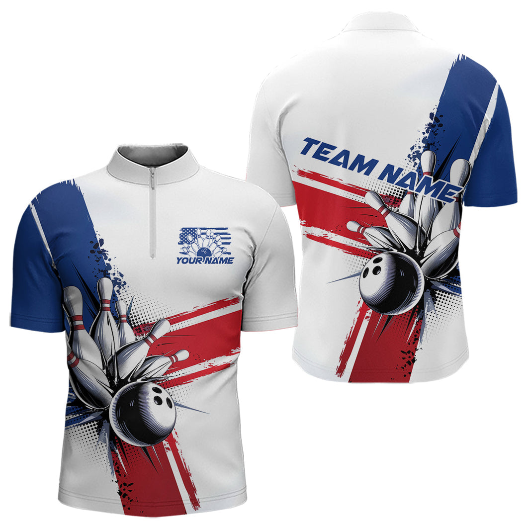 Personalized Red, White And Blue Patriotic US Flag Bowling Quarter-Zip Shirts For Men Team IPHW9543