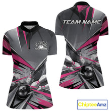Load image into Gallery viewer, Custom Pink And Gray Bowling Women Quarter-Zip Shirts, Bowler Outfit Bowling League Shirt IPHW9558