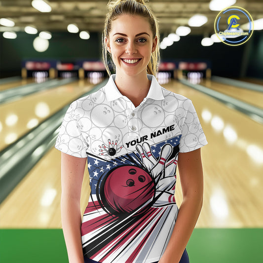 Custom Patriotic US Flag Women Bowling Polo Shirts, Bowling Pattern Bowling League Shirt IPHW9594