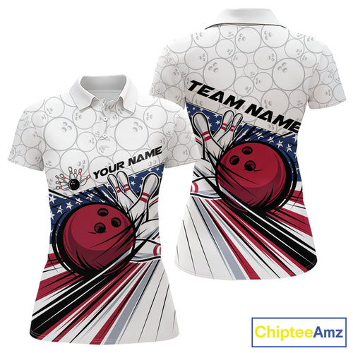 Custom Patriotic US Flag Women Bowling Polo Shirts, Bowling Pattern Bowling League Shirt IPHW9594