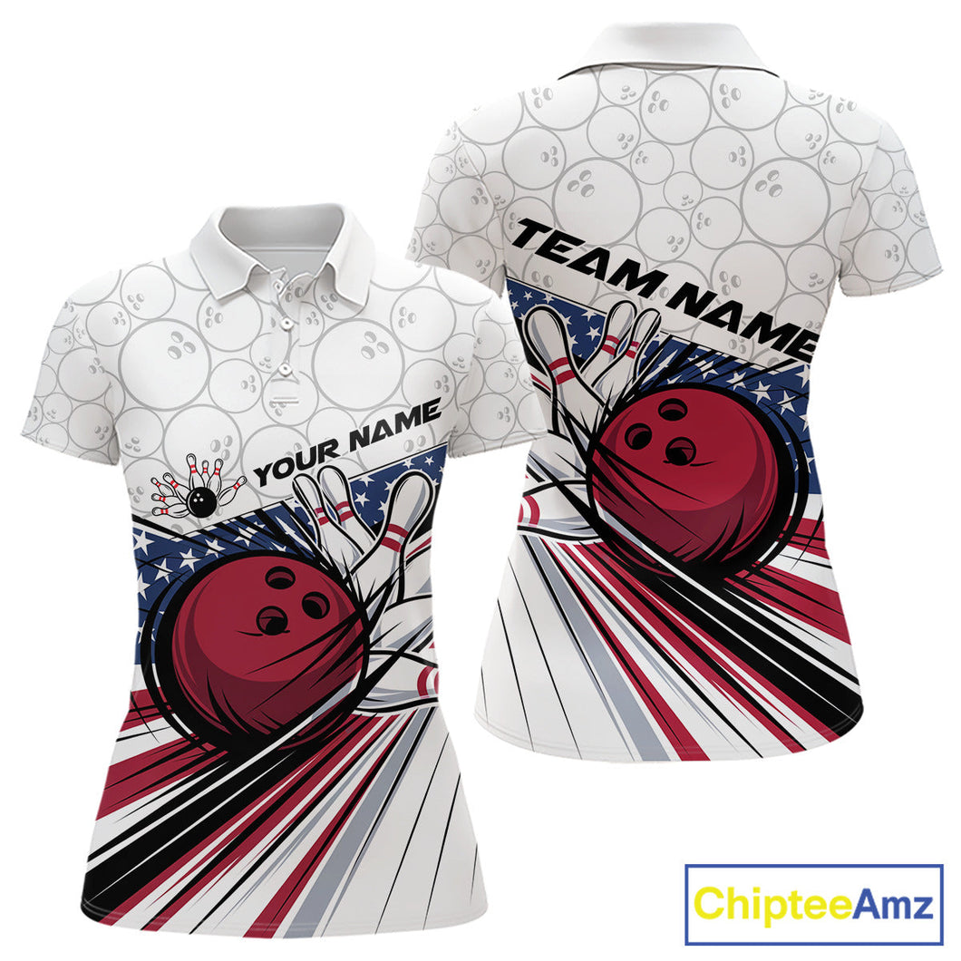 Custom Patriotic US Flag Women Bowling Polo Shirts, Bowling Pattern Bowling League Shirt IPHW9594