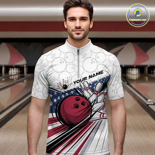 Custom Patriotic US Flag Bowling Quarter-Zip Shirts For Men, Bowling Pattern Bowling League Shirt IPHW9594