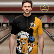 Load image into Gallery viewer, Custom Funny Black And Yellow Bowling And Beer Quarter-Zip Shirts For Men, Bowling League Shirt IPHW9609