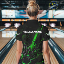 Load image into Gallery viewer, Custom Black And Green Flame Bowling Team Women Polo Shirts, Fire Bowling Jerseys IPHW9613
