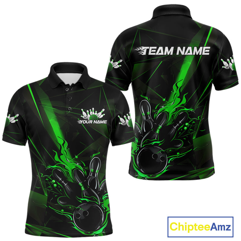 Custom Black And Green Flame Bowling Team Men Polo Shirts, Fire Bowling Jerseys IPHW9613
