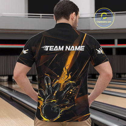 Custom Black And Gold Flame Bowling Team Men Quarter-Zip Shirts, Fire Bowling Jerseys IPHW9614