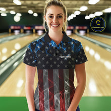 Load image into Gallery viewer, Custom Red And Blue Flame American Flag Patriotic Bowling Women Polo Shirts, Team Uniform IPHW9715