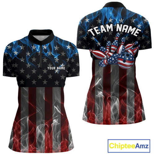 Custom Red And Blue Flame American Flag Patriotic Bowling Women Quarter-Zip Shirts IPHW9715