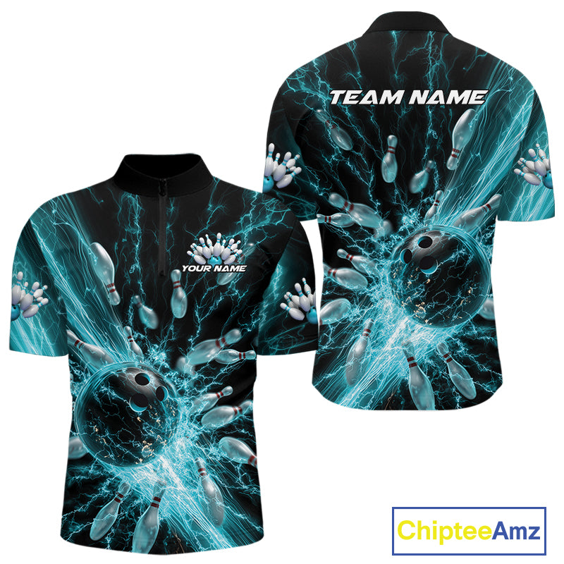 Custom Blue Thunder Lightning Bowling Team Men Quarter-Zip Shirts, Bowling Jerseys IPHW9742