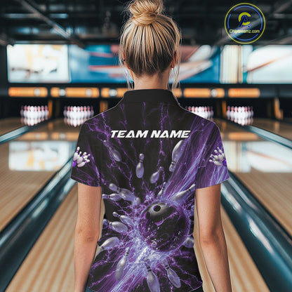 Custom Purple Thunder Lightning Bowling Team Women Polo Shirts, Bowling Jerseys IPHW9744