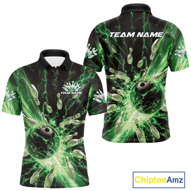 Custom Green Thunder Lightning Bowling Team Men Polo Shirts, Bowling Jerseys IPHW9746