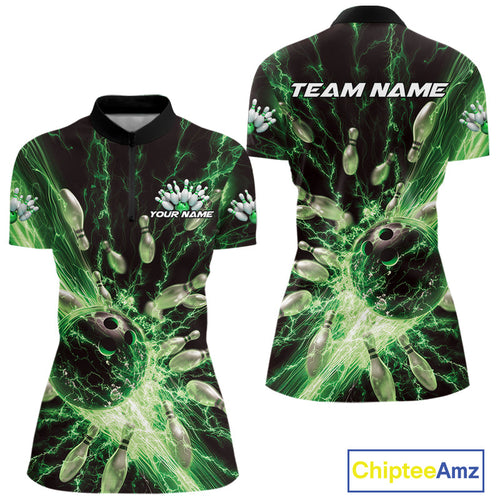 Custom Green Thunder Lightning Bowling Team Women Quarter-Zip Shirts, Bowling Jerseys IPHW9746