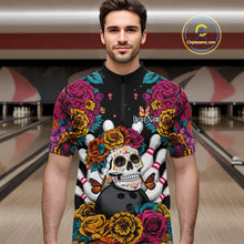 Load image into Gallery viewer, Custom Flower Sugar Skull Bowling Team Quarter-Zip Shirts For Men, Halloween Bowler Outfit IPHW9749