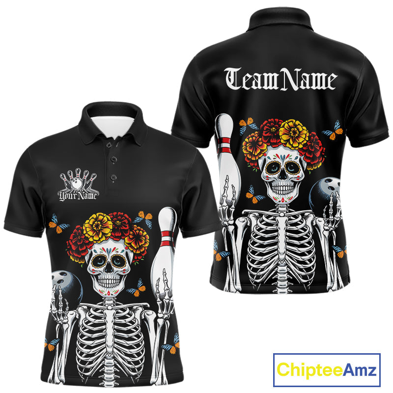Custom Sugar Skull Bowling Team Men Polo Shirts, Funny Halloween Bowling Outfit IPHW9752