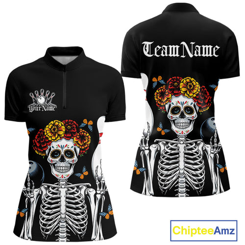 Custom Sugar Skull Bowling Team Women Quarter-Zip Shirts, Funny Halloween Bowling Outfit IPHW9752