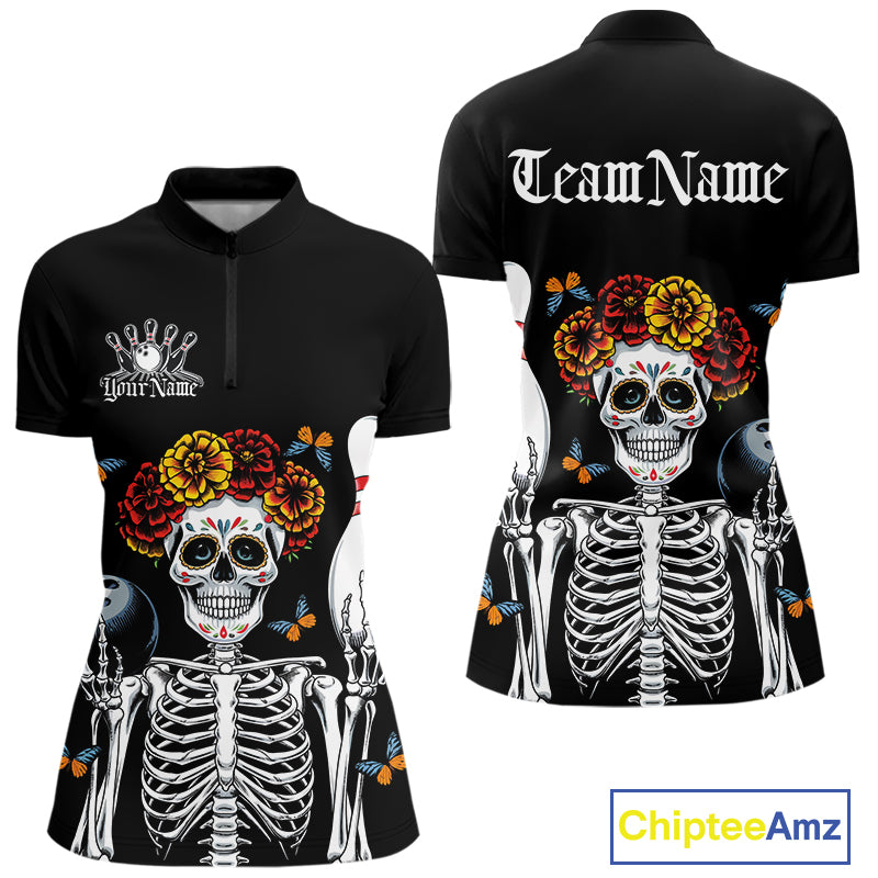 Custom Sugar Skull Bowling Team Women Quarter-Zip Shirts, Funny Halloween Bowling Outfit IPHW9752