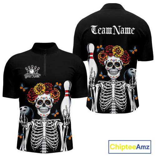 Custom Sugar Skull Bowling Team Men Quarter-Zip Shirts, Funny Halloween Bowling Outfit IPHW9752