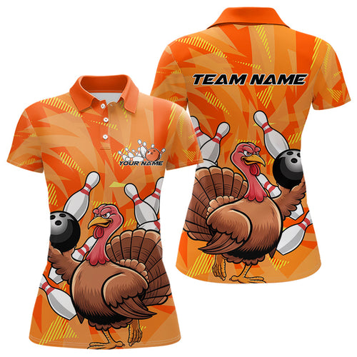 Custom Funny Thanksgiving Turkey Bowling Women Polo Shirts, Bowling League Shirt IPHW9769