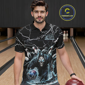 Custom Black And Blue Lightning Grim Reaper Bowling Men Polo Shirt, Halloween Outfit IPHW9801