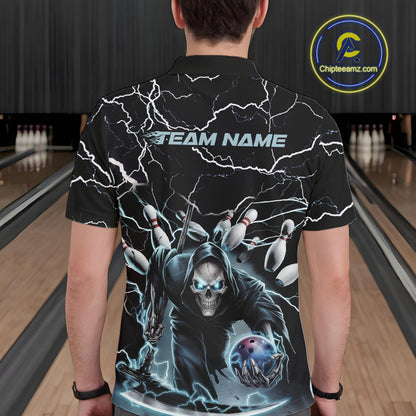 Custom Black And Blue Lightning Grim Reaper Bowling Men Polo Shirt, Halloween Outfit IPHW9801