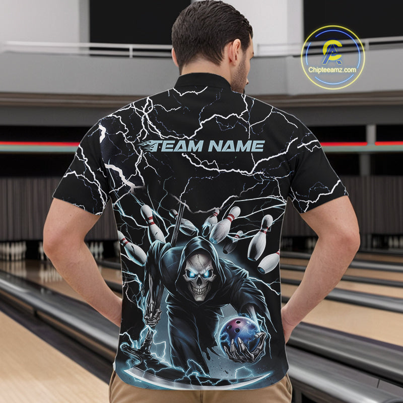 Custom Black And Blue Lightning Grim Reaper Bowling Men Quarter-Zip Shirt, Halloween Outfit IPHW9801