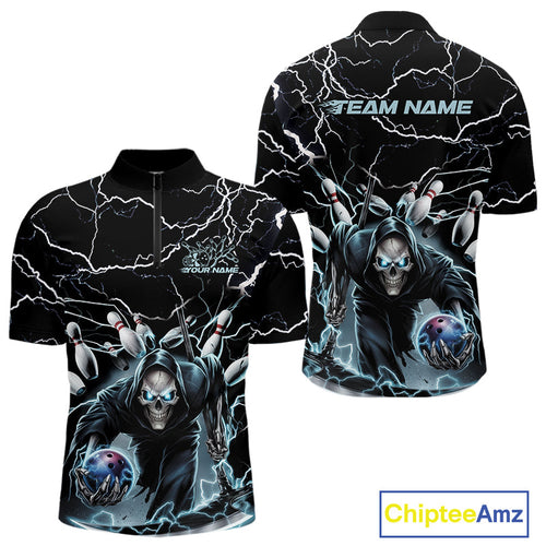 Custom Black And Blue Lightning Grim Reaper Bowling Men Quarter-Zip Shirt, Halloween Outfit IPHW9801