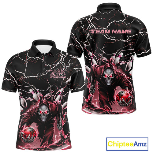 Custom Black And Red Lightning Grim Reaper Bowling Men Polo Shirt, Halloween Outfit IPHW9802