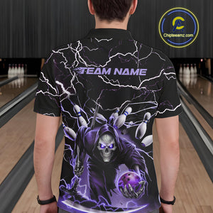 Custom Black And Purple Lightning Grim Reaper Bowling Men Polo Shirt, Halloween Outfit IPHW9803
