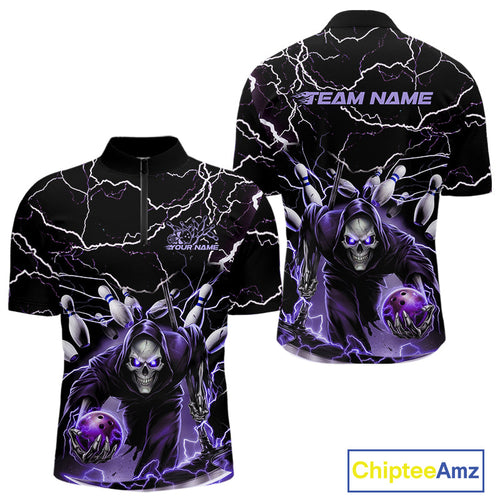 Custom Black And Purple Lightning Grim Reaper Bowling Men Quarter-Zip Shirt, Halloween Outfit IPHW9803
