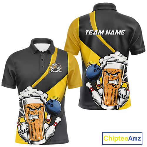 Custom Grunge Yellow Funny Bowling And Beer Polo Shirts For Men, Bowling Team Uniform IPHW9608