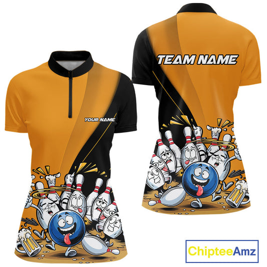 Custom Yellow Funny Bowling Women Quarter-Zip Shirt, Bowling And Beer Party Bowler Outfit IPHW9610