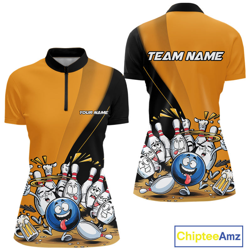 Custom Yellow Funny Bowling Women Quarter-Zip Shirt, Bowling And Beer Party Bowler Outfit IPHW9610