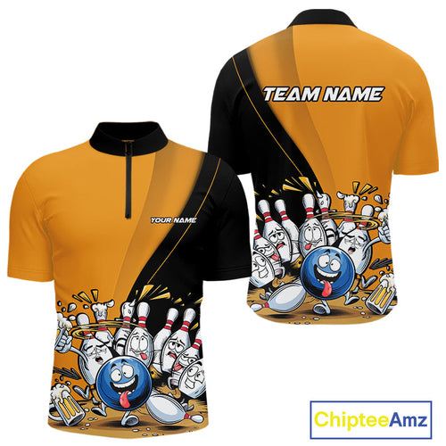 Custom Yellow Funny Bowling Men Quarter-Zip Shirts, Bowling And Beer Party Bowlers Outfit IPHW9610