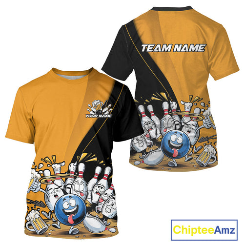 Custom Yellow Funny Bowling Men T-Shirts Shirts, Bowling And Beer Party Bowlers Outfit IPHW9610