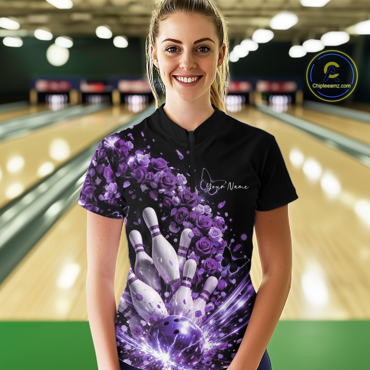 Custom Purple Roses And Butterfly Women Bowling Shirt, Flower Ladies Bowling Shirt IPHW10886