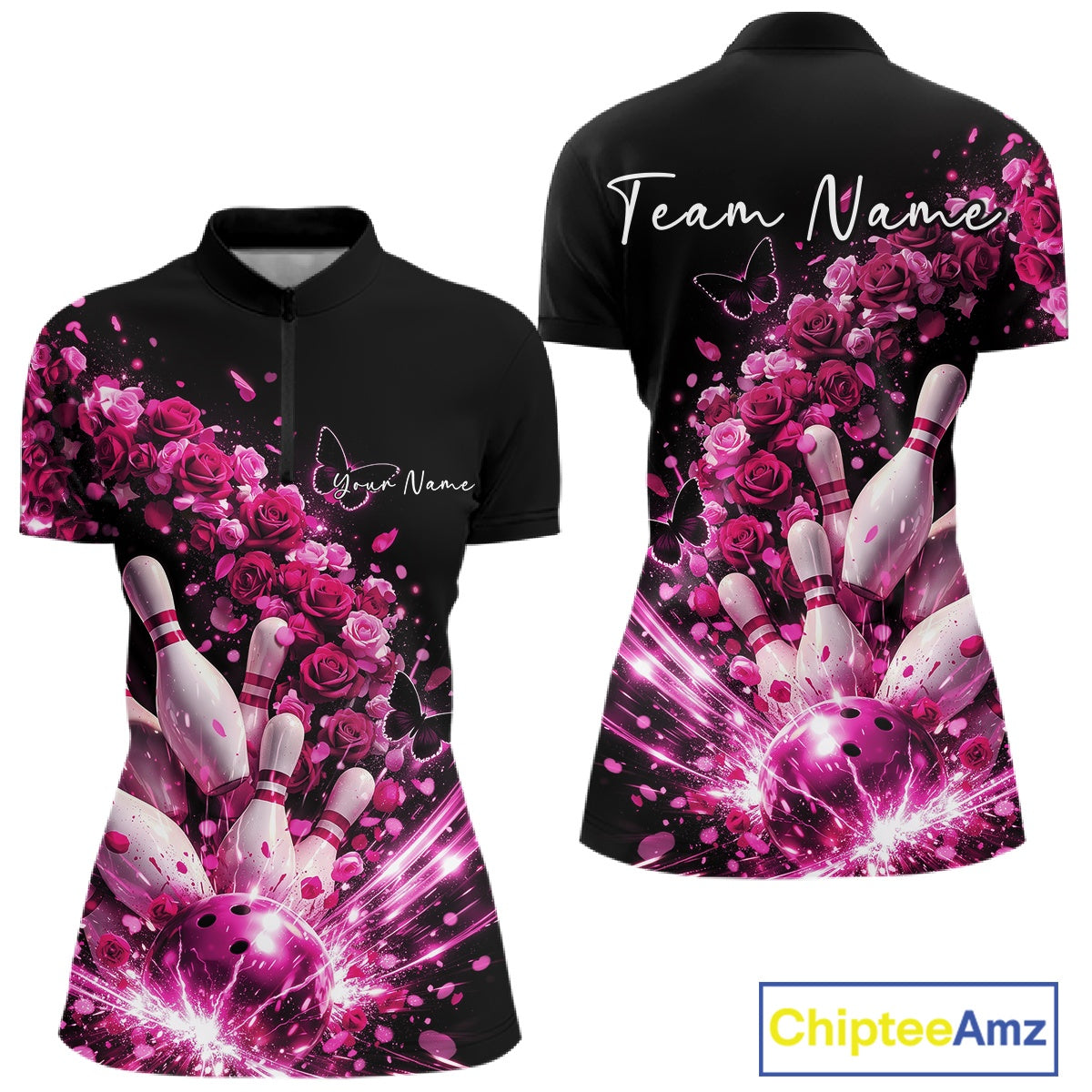 Custom Pink Roses And Butterfly Women Bowling Shirt, Flower Ladies Bowling League Shirt IPHW10887