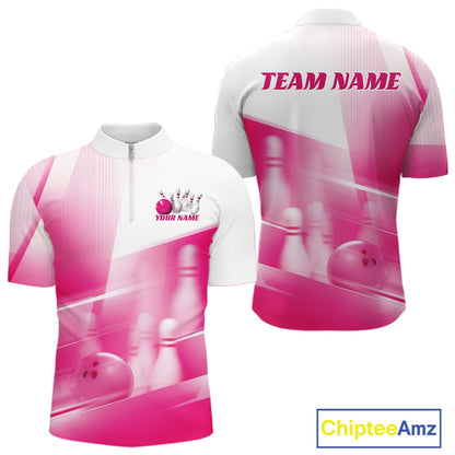 Front and back white and pink men’s bowling quarter zip shirt mockup with bowling ball and pins blended into a pink geometric background.