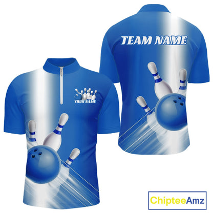 Front and back men’s bowling quarter zip shirt mockup with bowling ball and pins artwork flowing through a blue gradient layout.